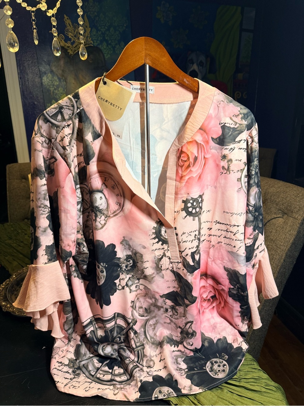 Pink Floral Print Ruffle-Sleeve V-Neck Blouse